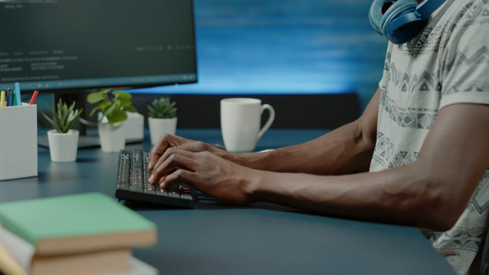 Abstract illustration: many small grey documents scattered at the bottom of the frame, with a single navy beam of light highlighting one document in the center